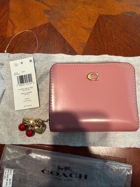 Coach Peony Smooth Leather Essential Billfold Wallet with Gold Charm Attachment